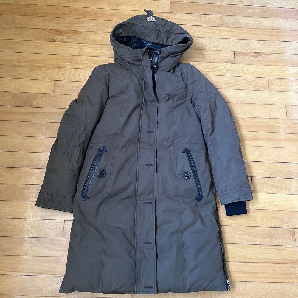 Mackage Women Longline Hooded Parka Coat Brown Olive Winter Gorpcore Size M/L